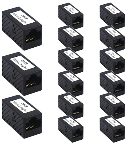 VCE Cat6 RJ45 Coupler, Female to Female Gigabit Ethernet Extender, 15 Pack | PoE Supported, Gold-Plated Pins Network Adapter, Backward Compatible with Cat5e/Cat5, Black