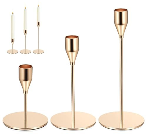 3 Stück Kerzenständer Gold, Kerzenhalter Stabkerze 2.1cm, 10,2/15.3/20,5 cm Stabkerzenhalter Gold, Metall Kerzenständer Stabkerzen, für Zuhause Hochzeit Party Tischdekoration(Golden)