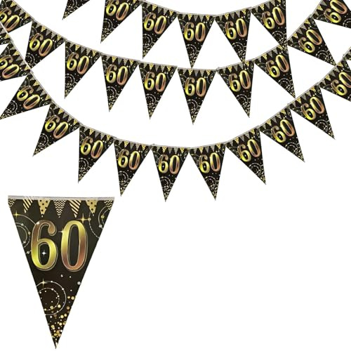 Flomiara 60. Schwarz Gold Party Dekorationen Geburtstag Wimpel, Happy Banner Bunting Fahnen, 36 Stück Dreieck Gold Schwarz Glitter Diamant Zahlen 50. Geburtstag Jahrestag Thema Party