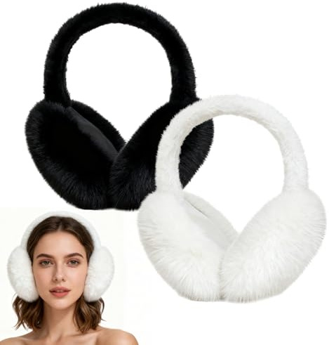 2 Pièces Cache Oreilles Femme Peluche, Cache Oreille Femme, Cache Oreilles en Peluche Pliable, Hiver Peluches Doux Chauds Protection pour Filles Femmes Adultes(Noir, Blanc)