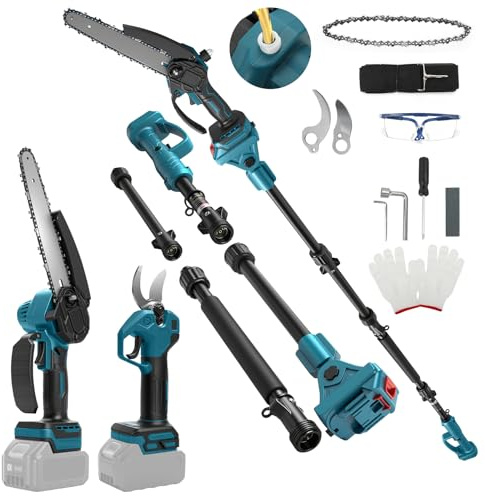Mini Motosega 8 Pollici con Prolunga + Cesoie Elettriche 30 mm Compatibile con Batteria Makita 18V, Set Attrezzi da Giardino 4 in 1 Portata Massima 4,57 m per Potatura Alberi (Senza Batteria)