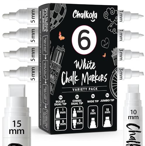 Chalkola 6 White Chalk Pens (1mm, 3mm, 5mm, 10mm, 15mm) for Blackboard