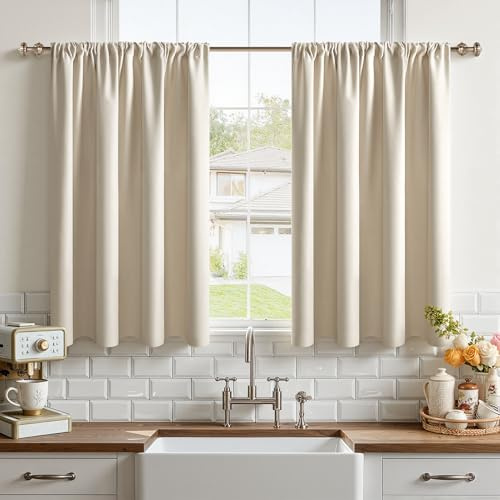 CUTEWIND Scheibengardine Küche Bistrogardine Blickdicht 2er Set Beige H 60 x B 90 cm, Küchengardine Scheibengardinen mit Stangendurchzug Modern Küchenfenster für Wohnmobil Kleine Fenster