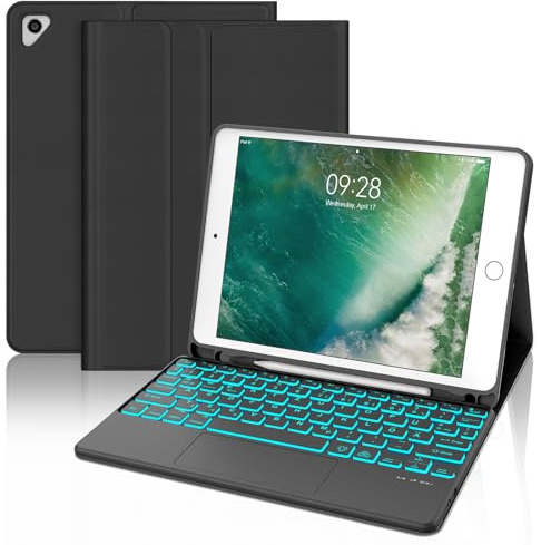 IVEOPPE Hülle mit Tastatur für iPad 6. Generation 9.7 Zoll Con Touchpad, Magnetisch Abnehmbarer QWERTZ Bluetooth Beleuchtung Tastatur für iPad 6 Gen 2018, 5. Gen, Pro 9.7, Air 2 & 1, Schwarz
