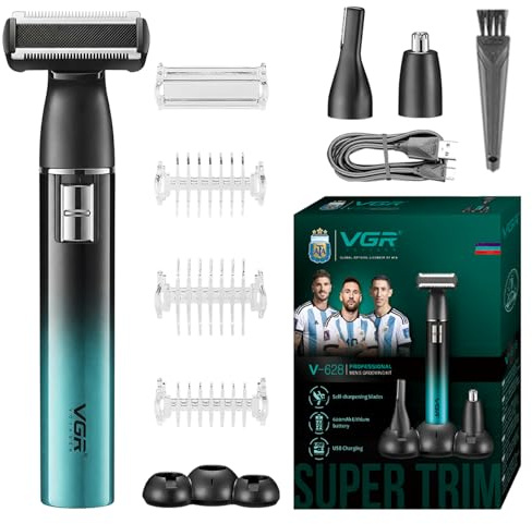 VGR 628 3 in 1 Körperrasierer Herren, Kabelloser Intimrasierer Mann | Nasenhaartrimmer Herren und Body Groomer Men mit Basis, Geeignet für Brust, Beine, Achselhöhlen, Nase und Gesicht, IPX5, Grün