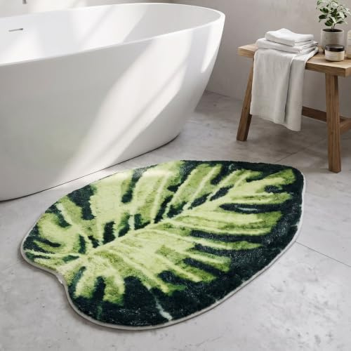 Generisch Badezimmerteppich 60x 90cm, Badematte rutschfest Absorbierende | mit Monstera Pflanzenmuster, Blattförmige Waschbarer Badteppich für Duschboden, Schlafzimmer, Kinderzimmer, Grün