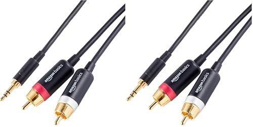 Amazon Basics 3.5 Aux to 2 x RCA Adapters, Audio Cable for Amplifiers, Active Speakers with Gold-Plated Plugs, 1.2 m, Black (Pack of 2)