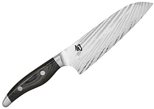 KAI Shun Nagare Santoku 18 cm Klingenlänge - 72 Lagen Damaszenerstahl VG 2 & VG 10 Dual-Core-Klinge - Pakkaholz grauschwarz - Handgefertigt in Japan - japanisches Kochmesser Küchenmesser geschmiedet