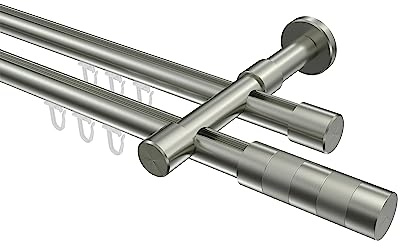 INTERDECO Innenlauf-Gardinenstange 20 mm 2-läufig, moderne Innenlaufstange aus Metall, Edelstahl-Optik, zur Wandmontage, Typ 10213526, 220 cm
