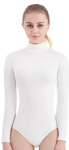 SUPRNOWA Langärmeliger Rollkragen-Body für Damen, Stehkragen, dehnbarer Gymnastikanzug, Overall mit Reißverschluss, für Tanz, Gymnastik, Cheerleading, Mode, weiß, XS