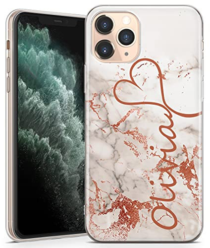 TULLUN Personalised Phone Case for iPhone 11 - Clear Soft Gel TPU Custom Cover Marmor Name & Heart Design Your Style Letter Initials Text - Rose Gold Grey Marble