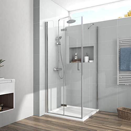 EMKE Duschkabine Eckeinstieg 90x90x195cm, Duschabtrennung Falttür Duschtür Duschwand, 6mm Sicherheitsglas Falttür Dusche Duschtrennwand Nano-Beschichtung mit Seitenwand