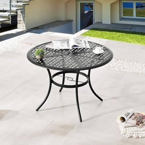 LOKATSE HOME Tavolo da pranzo rotondo da esterno in ferro battuto da giardino in metallo con foro per ombrello, telaio in acciaio per cortile, prato, balcone, colore nero