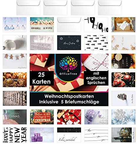 OfficeTree 25x Weihnachtspostkarten Set mit 5 Umschlägen - Weihnachtskarten Set mit Umschlag - Englische und Spanische Sprüche zu Weihnachten und Neujahr - Christmas Cards Set - Weihnachts Postkarten