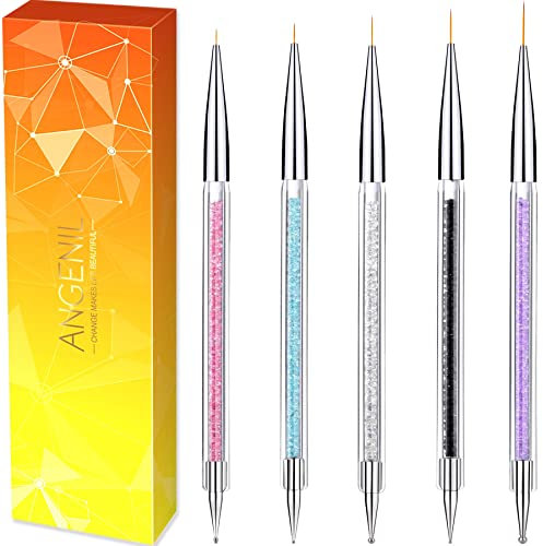 ANGENIL 5Pcs Acrylic Thin Nail Art Brush, Manicure Drill Drawing Nails Art Pen, Double Ended Nail Dotting Tools Set, Nail Dotting Painting Drawing Pens