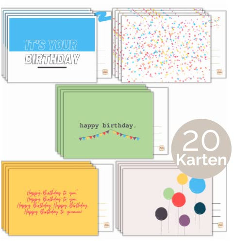 BLATT PAPIER® 20er Premium Geburtstagskarten Set (matt) – Postkarten Geburtstag für jeden Anlass – hochwertige Geburtstagspostkarten – 20er Geburtstag Karten Set – Glückwunschkarten Set