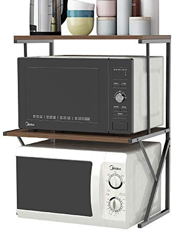 2 Tier Desktop Shelf Printer Rack for Home Office Free Standing, Kitchen Countertop Microwave Oven Unit Shelving Stand Rack with Drawers for Household Storage Organizer Metal Frame Wood Tabletop