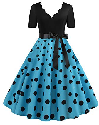 EFOFEI Damen Cocktail Partykleid Polka Dot Vintage Kleid Retro Rockabilly Kleider Valentinstag Spitze Druck Abend Party Dress Blau M