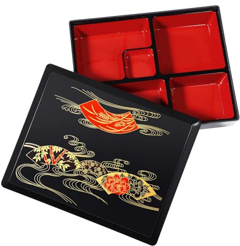 Housoutil Japanese Sushi Box, Compartment Japanese Sushi Cooking Box, Wood Grain Cover Black Abs Bento Lunch Box for Restaurant, School and Home