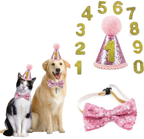 DHER Haustier Geburtstagsset Mit Goldenem Pailletten Hut Geburtstag Hut Pet Party Dekorationsset Hund Geburtstagshut Fliege Katze Hund Geburtstag Pailletten DekorationszubehöR Festliche Party (rosa)