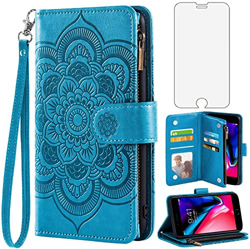 Asuwish Coque pour iPhone 7 Plus/8 Plus Portefeuille avec Verre Trempé et Porte Carte Chaine PU Cuir à Clapet Mandala Étui Housse Support i 7Plus 8Plus + 7+ 8+ Fleur Vitre Téléphone Case Femme Bleu