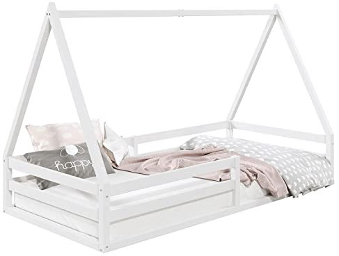 Lit cabane SILA 90x190 cm, lit Simple Enfant 1 Place Type Montessori, en pin Massif Blanc
