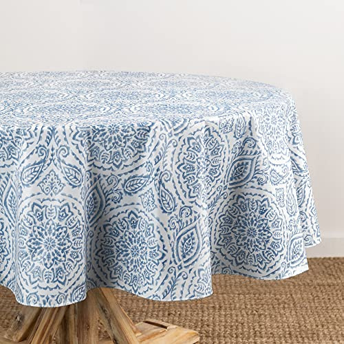 Elrene Home Fashions Savannah Boho Paisley Water- and Stain-Resistant Vinyl Tablecloth with Flannel Backing, 70 Inches X 70 Inches, Round, Blue