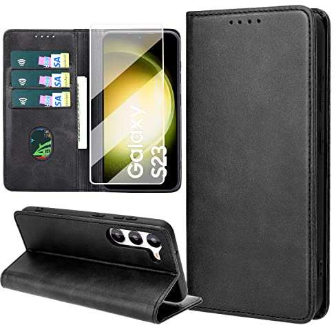 ZYIMOU Handyhülle für Samsung Galaxy S23 5G Hülle mit Schutzfolie, Leder Schutzhülle Standfunktion Kartenfach Wallet Klapphülle Samsung S23 5G Flip Case Cover, Schwarz