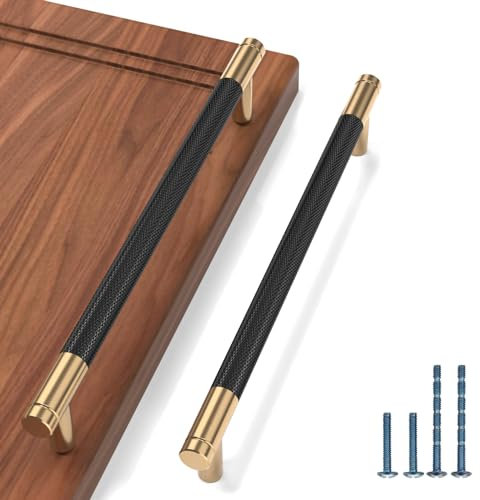 9BUILD 10 Stück Schrankgriffe Schwarz und Gold Lochabstand 192mm Griffe für Küchenschränke Gerändelte Möbelgriffe Küchengriffe griffe möbel Küchenschrank Schranktürgriffe EU0020