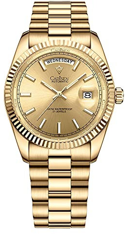 CADISEN Automatik Uhr Herren Mechanische Automatikuhr Saphirglas Und Rostfreier Stahl Wasserdicht (8215 Gold)