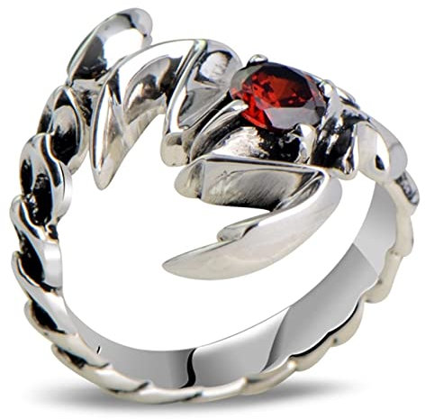 Ring Größenverstellbar, Herren Ringe Gothic Vintage Skorpion Silber mit Rot Rundschliff Zirkonia 925 Silber