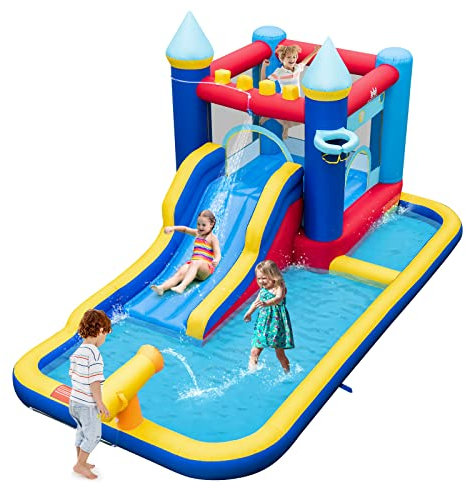 GYMAX Kids Bouncy Castle, 6 in 1 Inflatable Water Park with Slide, Splash Pool, Water Cannon, Basketball Hoop & 50 Ocean Balls, Children Bounce House for 3-10 Years Old Boys Girls