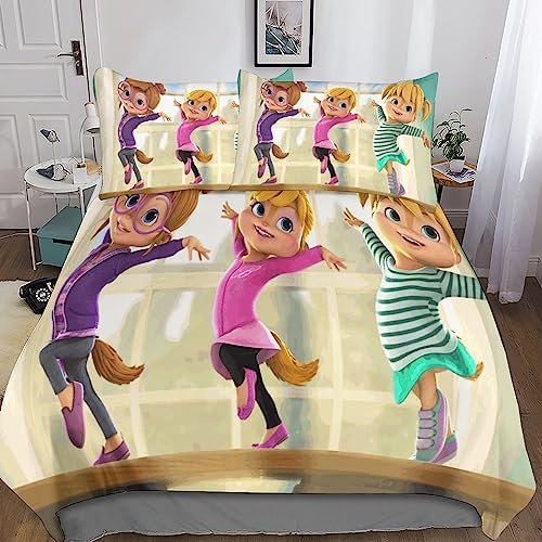 Alvin And The Chipmunks 3d Bettbezug Set Mit Kissenbezüge Bettlaken, Süße Spannbetttücher Bettbezüge ,Dekoration Bettwäsche Set Mit Kissen Sham Bettwäsche Cover Set 3 Stück,3d-Bettdeckenbezug Mit Rei