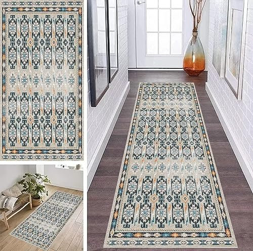 ZDYHMrj Läufer Teppich Flur Küche Waschbar rutschfest 70 * 400cm, Abstraktes Marokko Boho Style Grau und Blau Lang Teppichmatte Dauerhaft Fur Korridor Wohnzimmer Schlafzimmer Meterware Anpassbar