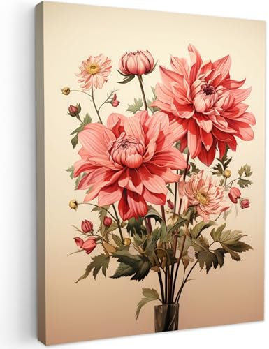 MuchoWow© Impressions sur Toile 50x70 cm Deco Tableau Murale Decoration Salon Peinture Tableaux Chambre Toiles Maison Vintage - Fleurs - Rouge - Beige - Plantes
