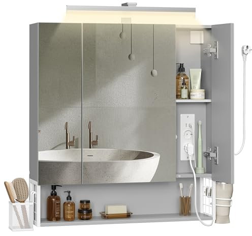 VASAGLE Meuble de Salle de Bain avec Éclairage LED, 16,5 x 70 x 75 cm, Multiprise, Panier Suspendu, Support pour Sèche-Cheveux, pour Salle de Bain, Lavabo, Blanc Nuage et Gris Tourterelle BBK126G01