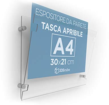 3DScube Cartella in plexiglass da parete a tasca apribile, porta avvisi e depliant formato A4 orizzontale 30x21 cm, completa di distanziali in alluminio (1 pezzo)