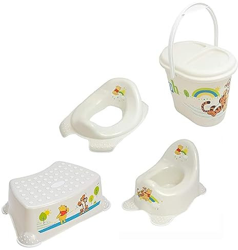 KiNDERWELT Premium 4er Set – Disney Winnie Pooh perlweiss für Babys und Kleinkinder - WC-Sitz, einstufiger Hocker, stabiles Töpfchen, praktischer Windeleimer - Anti-Rutsch-Funktion - BPA-Frei