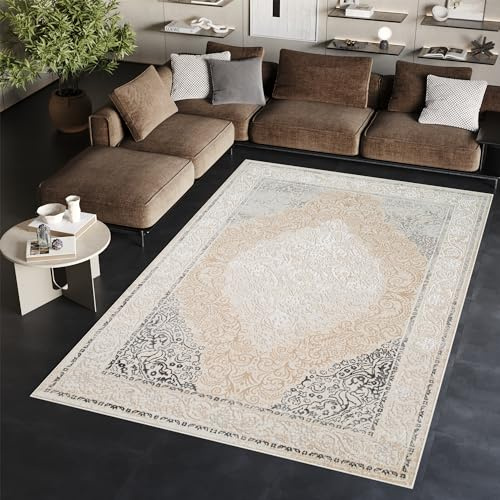 TAPISO Ares Teppich Kurzflor Glänzend Creme Grau Rahmen Blumen 200 x 300 cm | Bordüre Barock Klassisch 3D Effekt Wohnzimmer Schlafzimmer OEKO-TEX