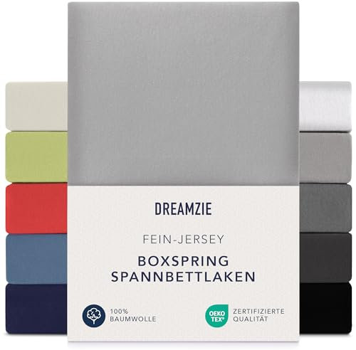 Dreamzie Premium Spannbettlaken 140x200 cm - 160x200 cm - 37cm Seitenhöhe - auch für Boxspringbett & Wasserbett - Bettlaken Boxspringbett 100% Jersey Baumwolle, 150 g/m² - Oeko-TEX - Grau