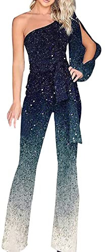 Jumpsuit Pailletten Damen Festlicher Hosenanzug Große Größen Business Overall Elegant Glitzer-Hosenanzug Lang Romper Weites Bein Einteiler Ärmellose Strampler Jumpsuits Playsuits