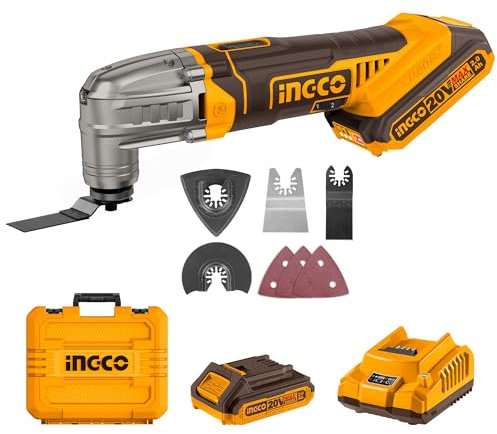 INGCO Outil Multifonction Oscillant sans Fil 20V, 5000-20000 tr/min, Outil Oscillant sans Fil avec 8 Pièces Accessoires, 1 Batterie 2,0 Ah et Chargeur pour Couper, Poncer, Gratter, Scier CMLI20228