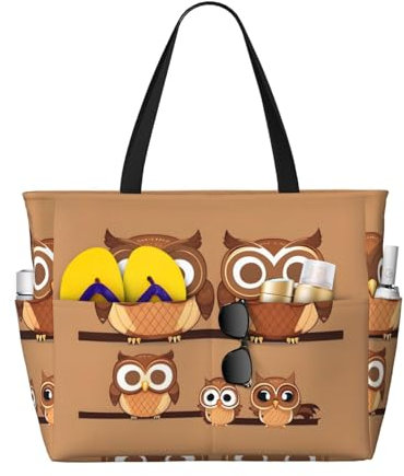 SDEGTHO MDATT Strandtasche für Damen, große braune Cartoon-Eulen, Strandtasche mit Reißverschluss, Schwimmbadtasche, Schwarz, Einheitsgröße
