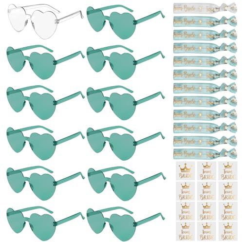 Ainiv Hen Party Bride Team Accessories, 12 Heart Shaped Glasses with 12 Team Bride Wristbands & 12 Bride Tattoos, Hen Do Party Decorations Accessories, Bridal Team Heart Eyewear Set for Party (Green)