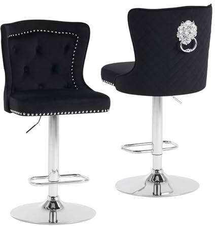 Chummaven Samt Barhocker 2er Set Moderne Tresenhocker mit Hohem Flügelrücken Gepolsterte Barstühle mit Löwenring-Zuggriff Höhenverstellbare Barstühle für Hausbar Schwarz