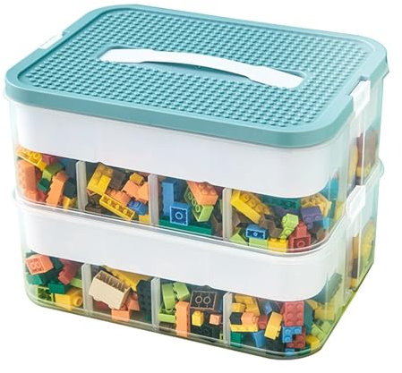 Toy Organizer Bins, 2 Layers Containers, Compartment Toy Box, Building Baseplate Lid 12.01x9.06x9.06 Inches for Organizing Building Bricks and Toys (1 Piece)