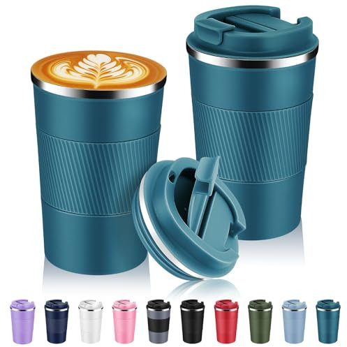 Volhoply 380ml 13oz Stainless Steel Insulated Travel Coffee Mug with Fip Lid Bulk 2 Pack,Reusable Double Wall Vacuum Metal Coffee Cup,Portable Leak Proof Tumbler for Hot & Cold Drinks(Bule,2)