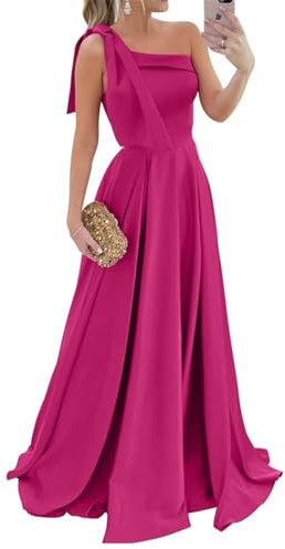 Abito da sera formale da donna con fiocco lungo in raso tinto con tasche, Fucsia, 52