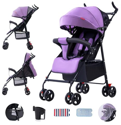 Passeggino leggero e compatto, pieghevole con schienale reclinabile, sistema di piegatura rapida, da 0 mesi a 36 mesi, fino a 25 kg, cintura di sicurezza a 5 punti, grande cestino (viola)