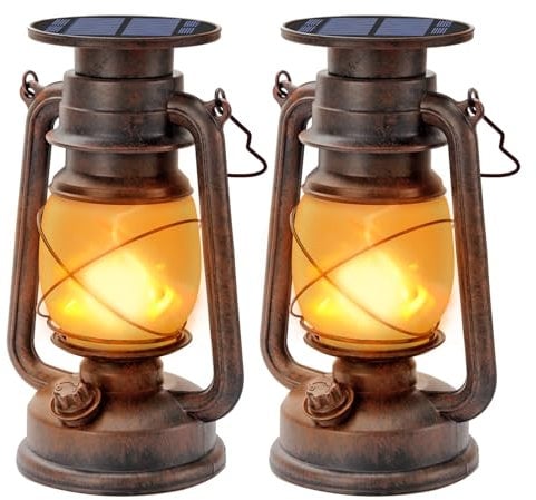 Hzitcigm Lanterna Solare da Esterno Vintage, 2 Pezzi Lanterna Solare Giardino Esterno LED Luci Solari Lanterna LED Retrò Effetto Fiamma LED Lampada Impermeabile Campeggio Lanterna per Giardino Cortile